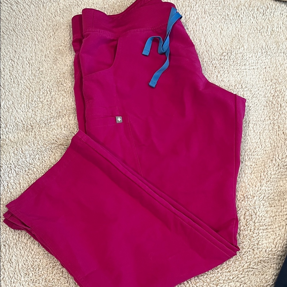 Figs Magenta Scrub Pants with Blue Tie